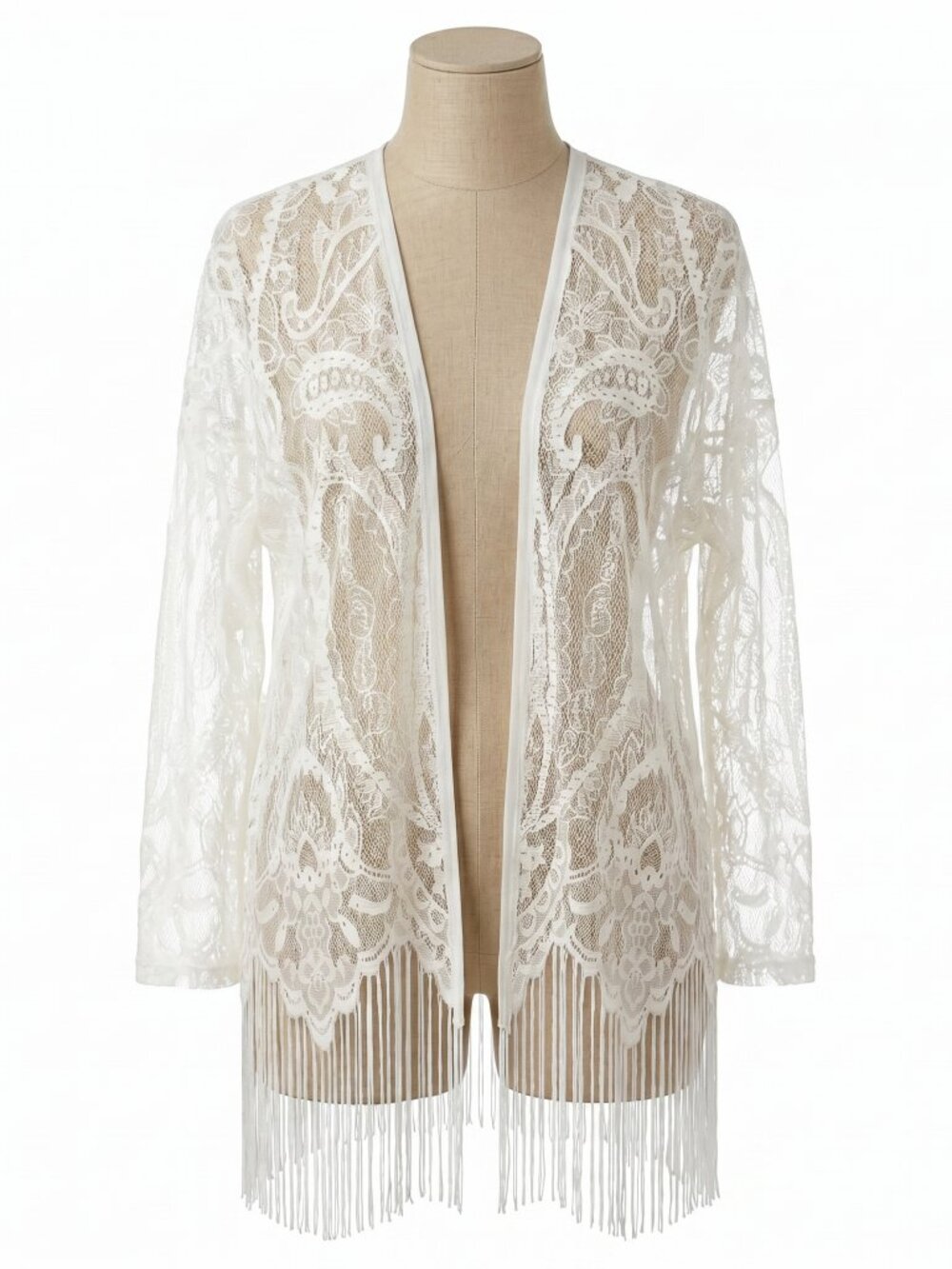 White Sheer Kimono Fringe Cover Up One Size Boho Beach Resort Cruise Wrap NIP